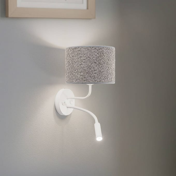 Duolla Wandlamp Roller, bouclé grijs, wit, met leeslampje