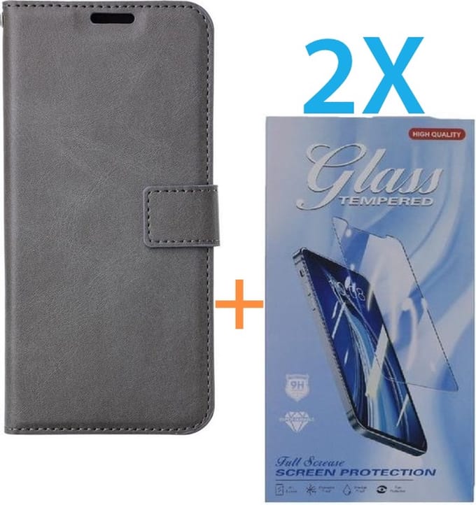 Bookcase Geschikt voor: Apple iPhone 16 Plus - Grijs - portemonnee hoesje - + 2X Tempered Glass Screenprotector