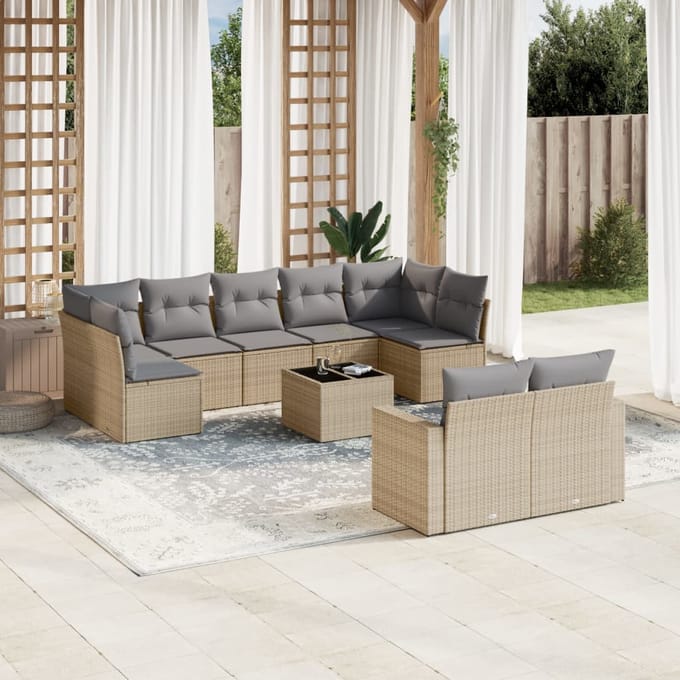 vidaXL - 10-delige - Loungeset - met - kussens - poly - rattan - beige