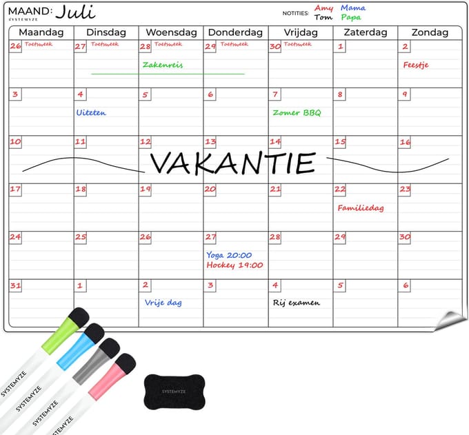Systemyze Maandplanner Whiteboard – Magnetisch Planbord – Magnetische Weekplanner – Inclusief Markers & Wisser – A3 Formaat