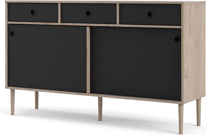 Penny dressoir 2 schuifdeuren en 3 laden Hickory decor en mat zwart.