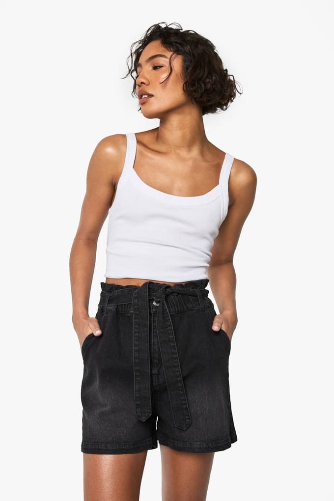 boohoo Dames Denimshort met hoge paperbag taille | Washed Black | Maat: 38