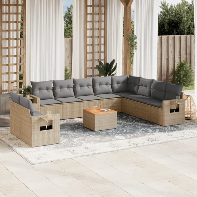 vidaXL - 11-delige - Tuinset - met - kussens - poly - rattan - beige