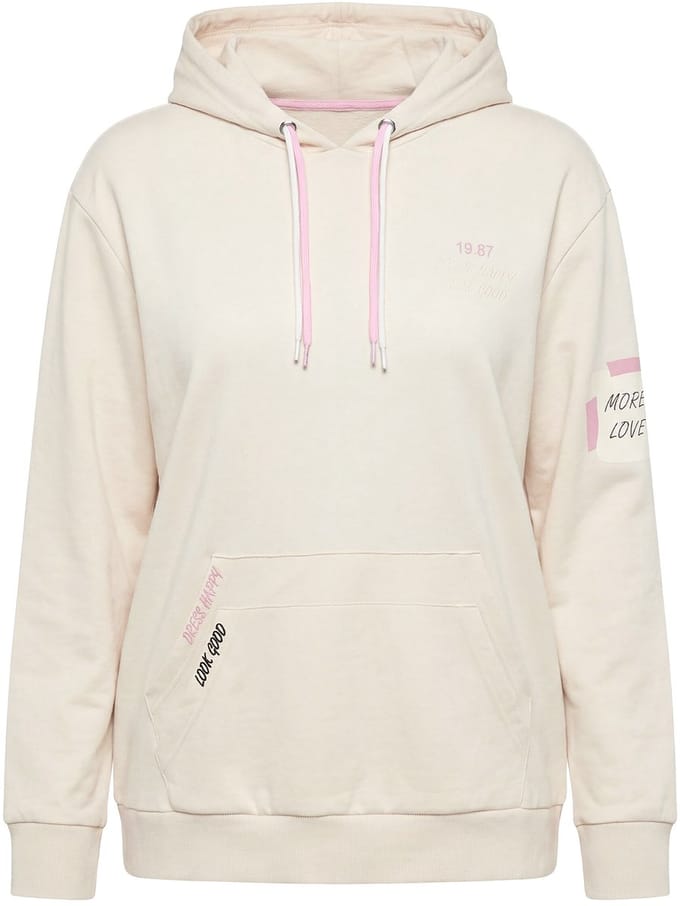 Ulla Popken - Dames - Hoodie kangoeroezak capuchon lange mouw - Vanille - Maat 50+