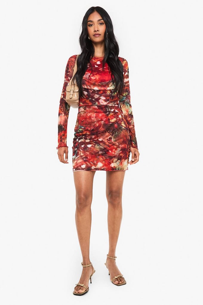 boohoo Dames Abstract Mesh Cowl Detail Mini-jurk | Orange | Maat: 8