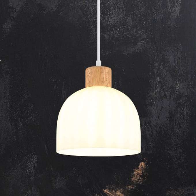 Globo Hanglamp Swanson, Ø 20 cm, wit/bruin, glas/hout
