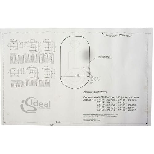Ideal Standard template for Connect washbasins 70,65,60 and 55 cm