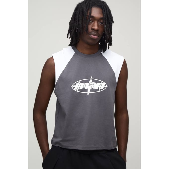 Regular Shrunken Raglan Man Print Tank Top | Charcoal | Size Small
