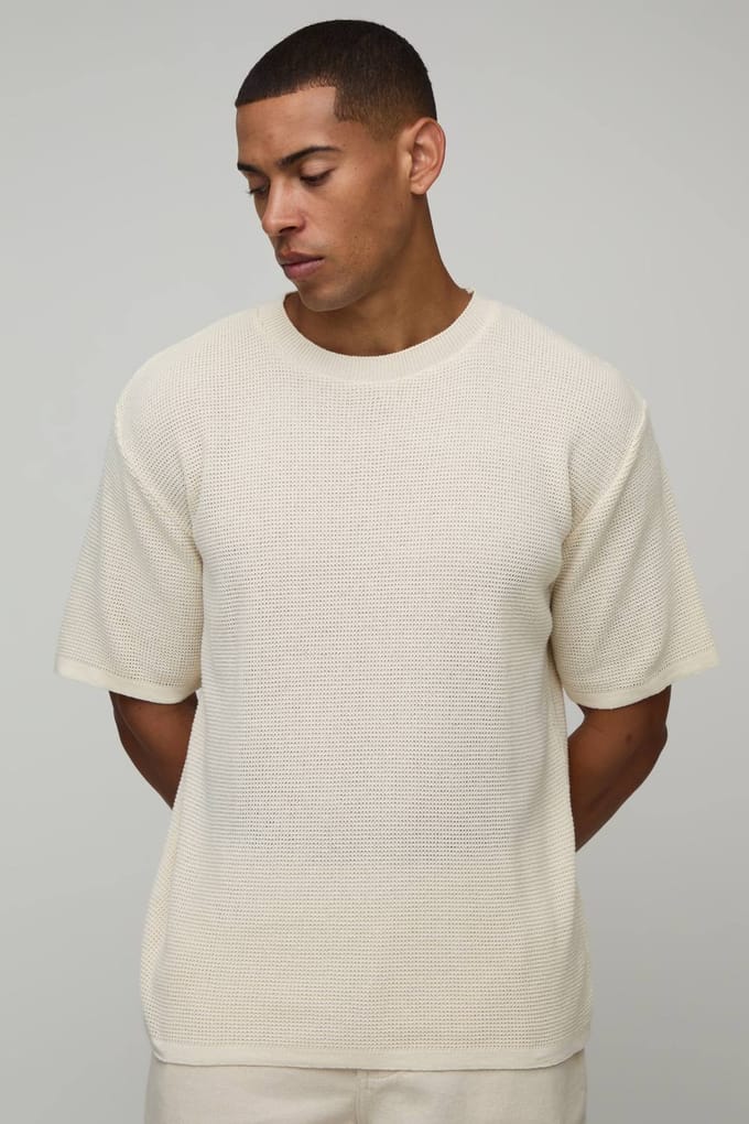 Regular Fit Waffle Knitted T-Shirt | Ecru | Size Medium