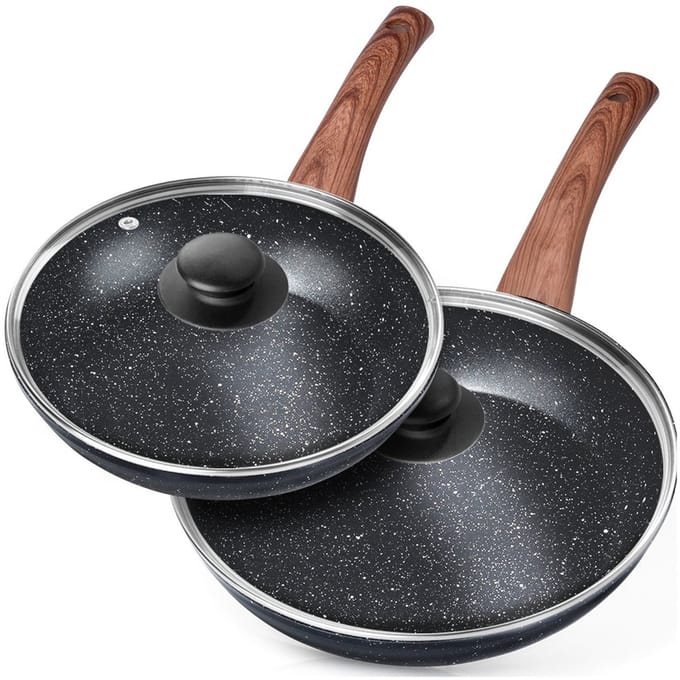 Vilde Black&Wood Serie - Granieten Pannenset - 20/24 cm - Glasdeksel