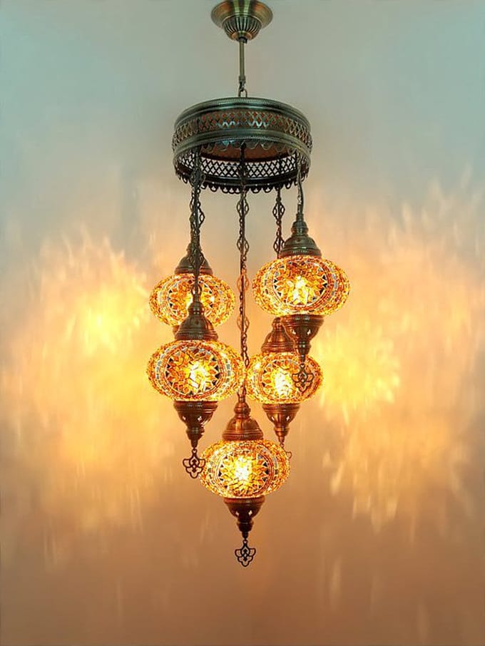 Turkse hanglamp mozaïek glas bruin - 5 bollen - handgemaakt en uniek ontwerp - E-14 fitting