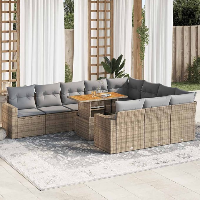 vidaXL - 11-delige - Tuinset - met - kussens - poly - rattan - beige