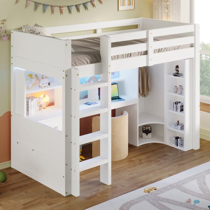 MODFU - Hoogslaper – 90x200 cm – Met bureau, kledingkast & 3 lades – LED – Wit grenenhout