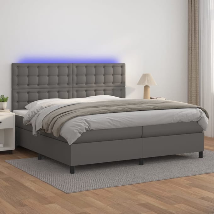 vidaXL - Boxspring - met - matras - en - LED - kunstleer - grijs - 200x200 - cm