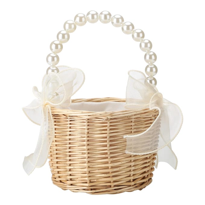2 stuks Parel Draagmand Bruin Rotan Kleine Parel Handvat Bloemenmand voor Huwelijksgeschenkverpakking white