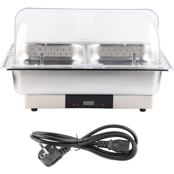 Elektrische Buffetwarmer Server Temperatuurweergave Transparante Deksel Bain-marie Buffet Set 2 Bakken 9L EU Stekker 220V white