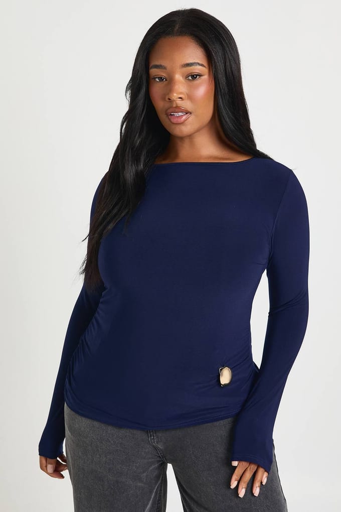 boohoo Dames Plus Lange Mouw Top met Gerimpelde Trim Details | Navy | Maat: 18