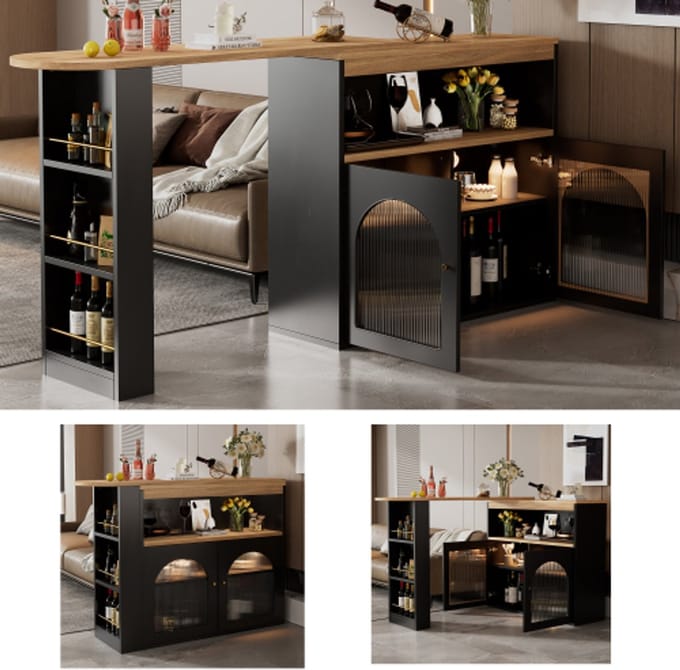 Moderne uitschuifbare bartafel, uitschuifbare eettafel, bartafel, bistrotafel, draaibaar, voor eetkamer, met 1m lange LED-lichtstrip (verstelbare lichtkleur)
