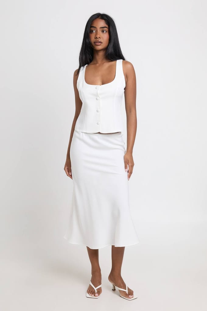 boohoo Dames Midi Rok Met Tailoring En Sierbiesje | Wit | Maat: 40