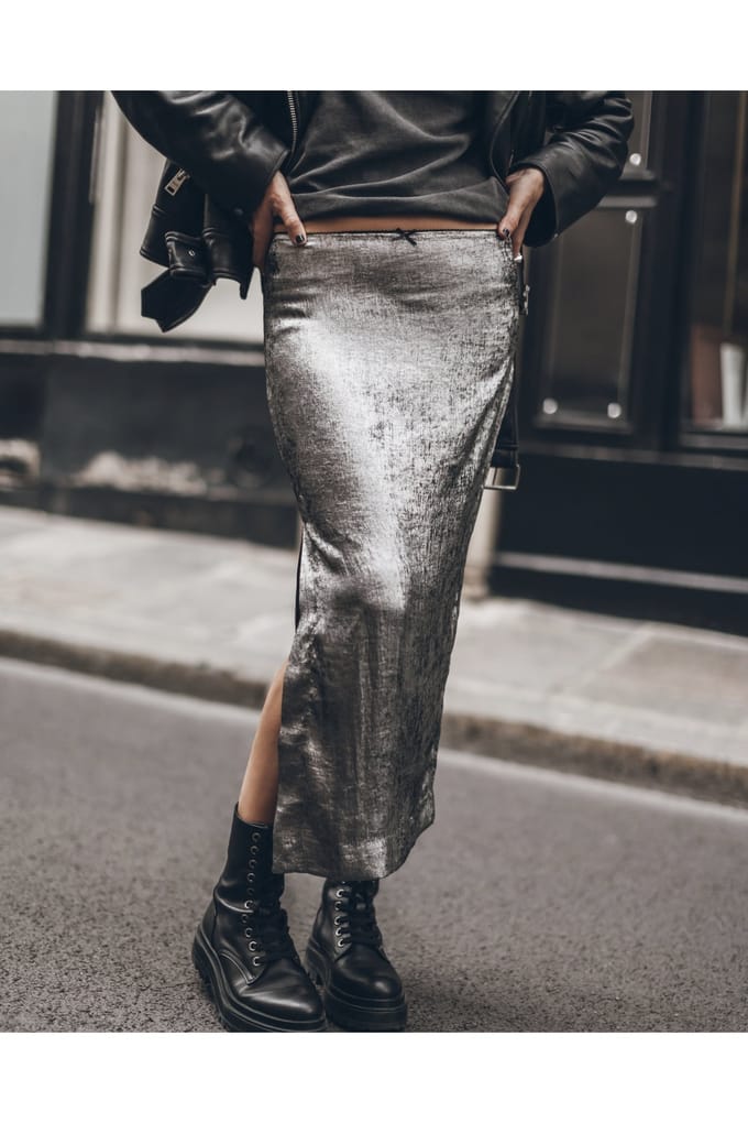 Mikuta The Silver Long Sateen Skirt Größe: L | Midiröcke Outlet | Damen | Grau