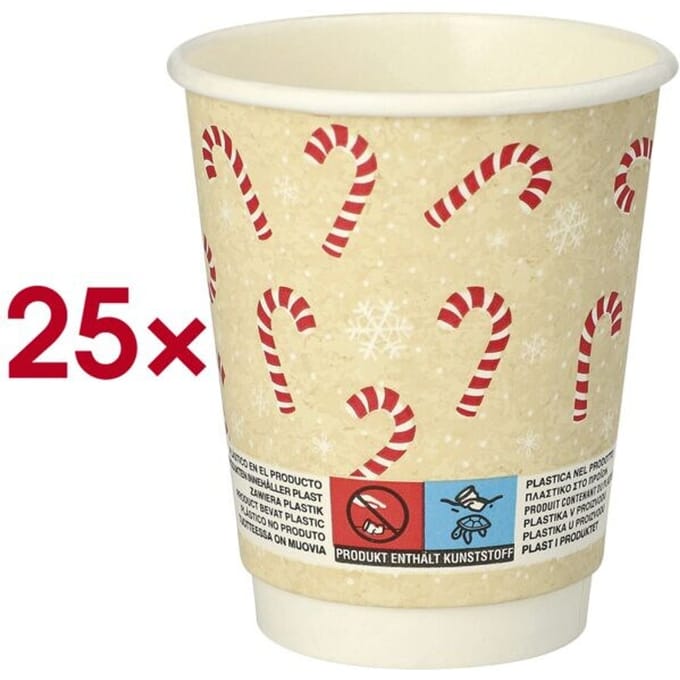 Papstar drinkbeker "Candy Canes", karton, 200 ml, dubbelwandig, Ø 8 x H 9,3 cm, 25 stuks