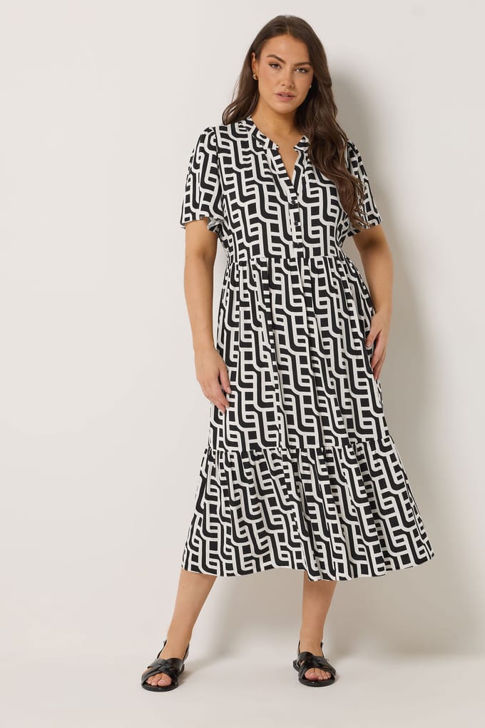 Yours Zwarte Geometrische Jurk Met Halve Knoopsluiting Size 42