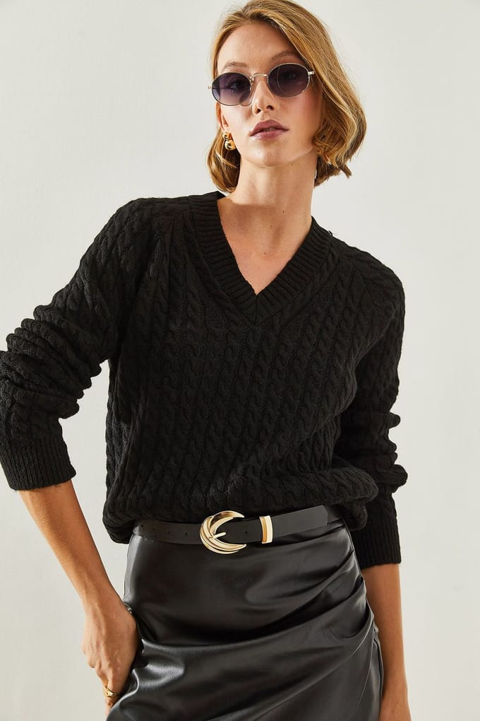 Getextureerde V-hals Aansluitende Brei Sweater