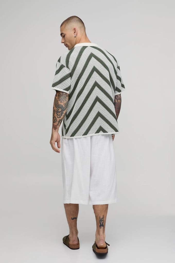 Gebreid Overhemd Met Ontspannen Pasvorm En Open Steek Streeppatroon | Olive | Size XS