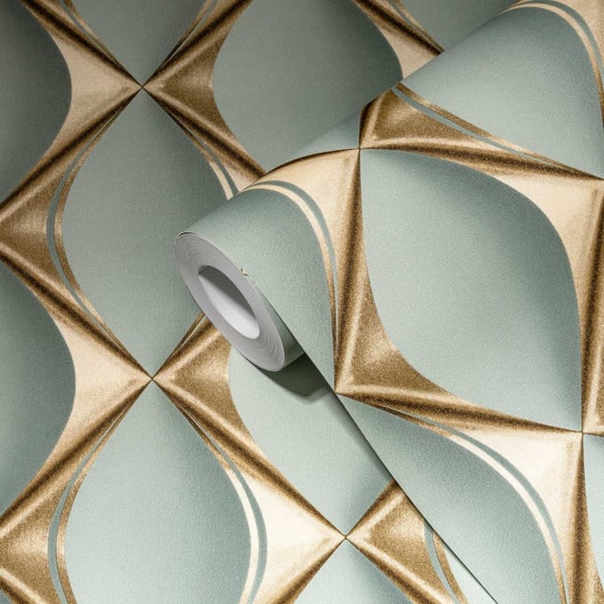 GRAFISCH 3D BEHANG | Optische Illusie - eucalyptusgroen goud - A.S. Création My Home My Spa