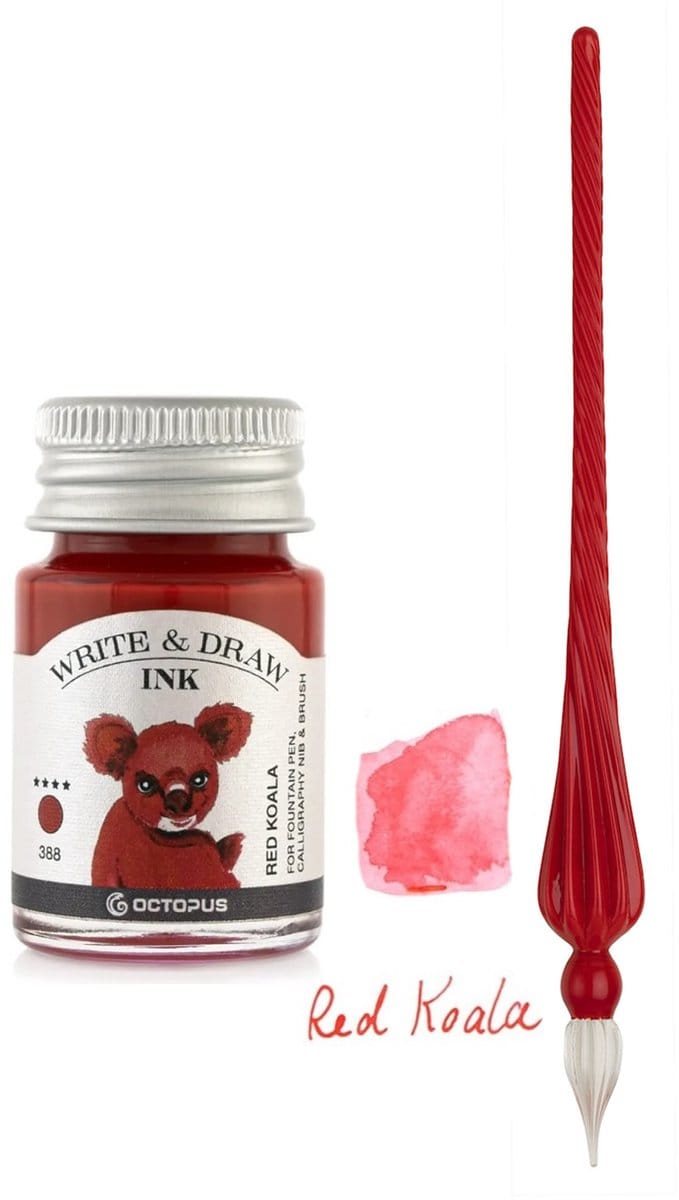 Glazen dip pen set in doosje - Rood - Potje Octopus inkt red koala