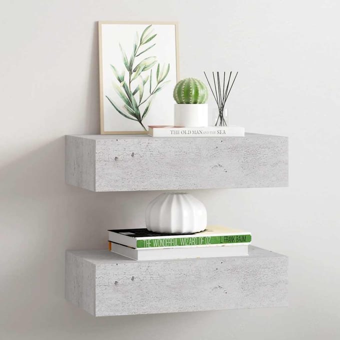 vidaXL - Wandschappen - 2 - st - met - lade - 40x23,5x10 - cm - MDF - betongrijs
