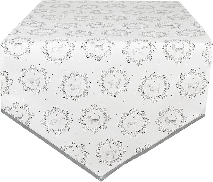 Clayre & Eef Tafelloper 50x160 cm Wit Grijs Katoen Hond