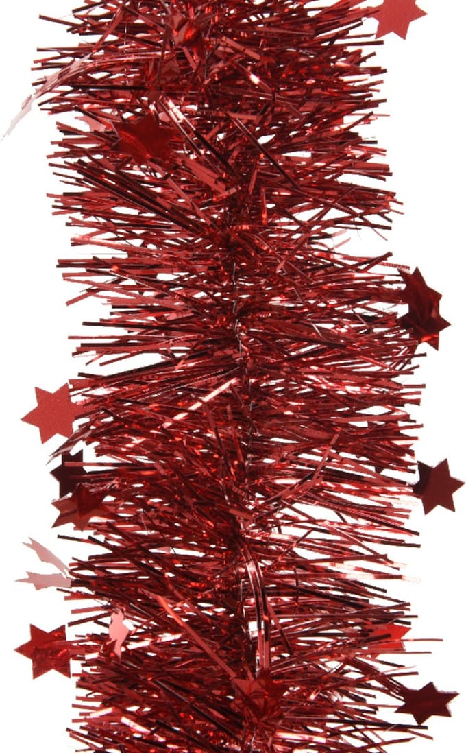 Decoris Kerstslinger - sterren - rood - 270 x 10 cm - lametta/folie - kerstboomslinger