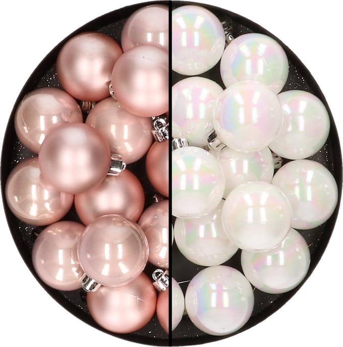 32x stuks kunststof kerstballen mix van lichtroze en parelmoer wit 4 cm - Kerstversiering