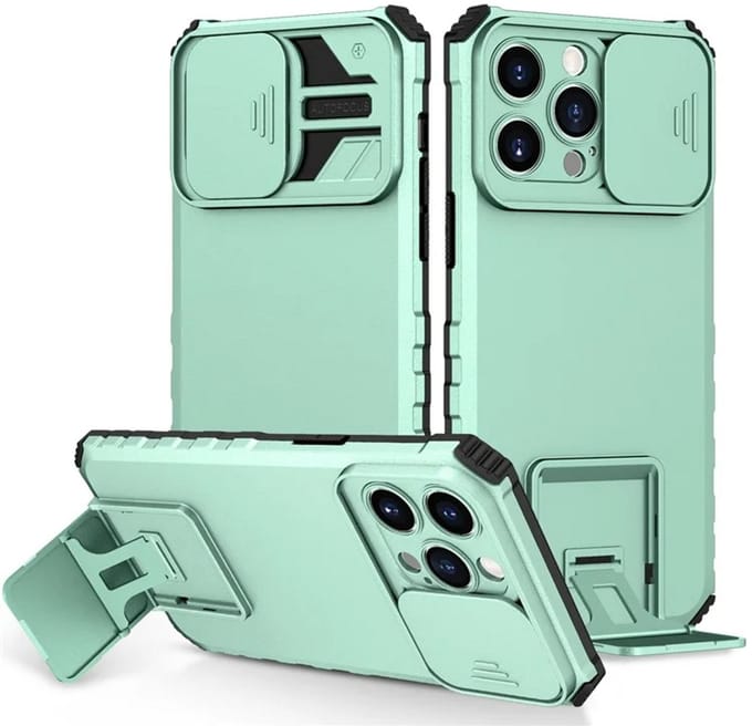 Cityhoesje - iPhone 15 Pro Max- Slide Camera Lid – BackCover - Anti-drop Kickstand - Licht Blauw