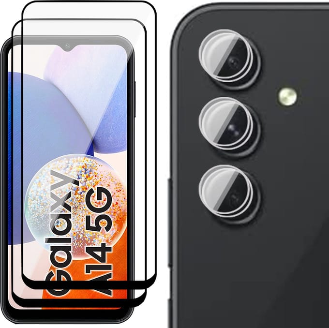 Screenprotector geschikt voor Samsung Galaxy A14 - 2x Camera Lens Screen Protector & 2x Glas Screen Protector FullGuard