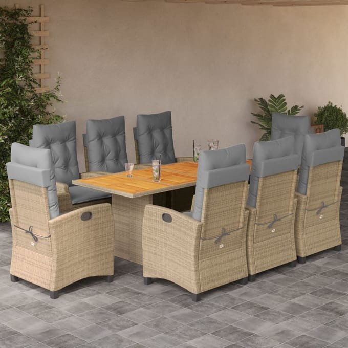 vidaXL - 9-delige - Tuinset - met - kussens - poly - rattan - gemengd - beige