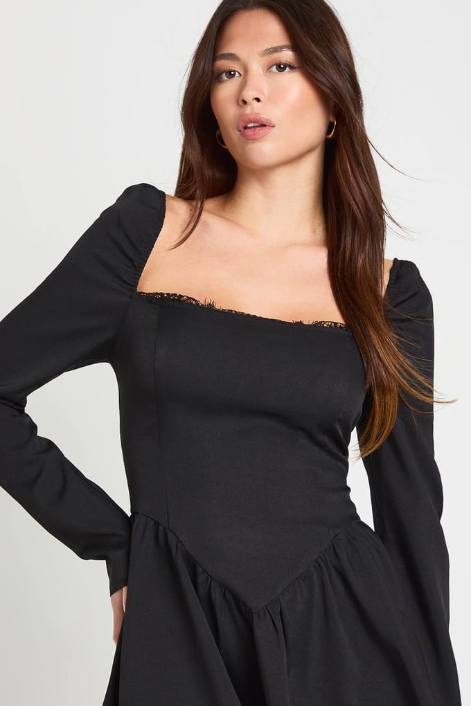 boohoo Dames Melkmeisje-jurk met kanten afwerking en lage taille | Black | Maat: 8