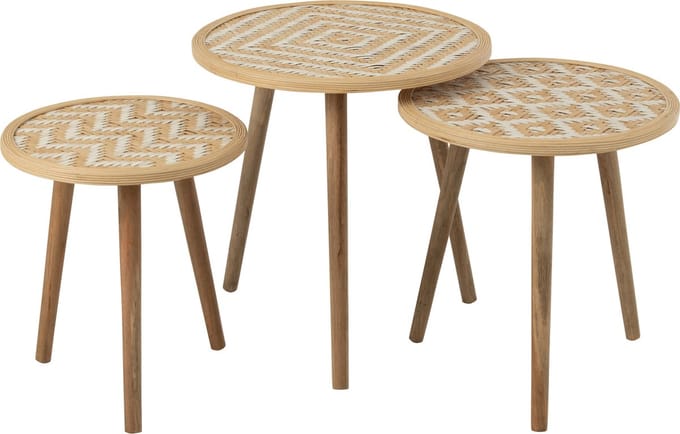 J-Line bijzettafel Patronen - bamboe/hout - naturel/wit - set van 3