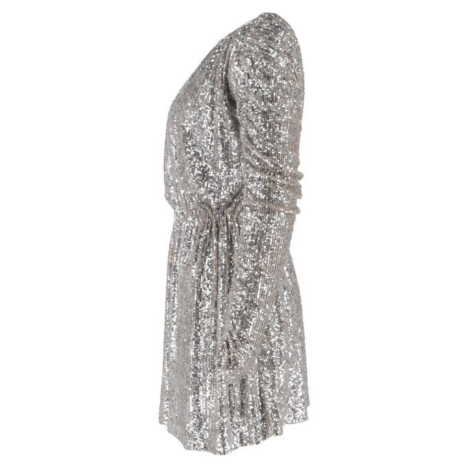 Saint Laurent mini-jurk met bateau-halslijn en pailletten in zilverkleurig polyester