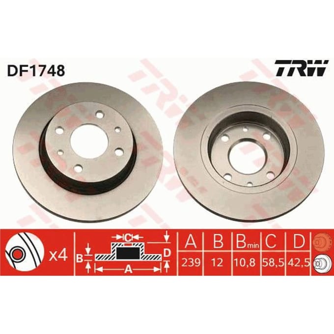 Remschijf TRW DF1748 voorkant, compleet, 1 Stuk