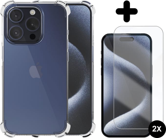 Hoesje geschikt voor iPhone 15 Pro Max Transparant - 2x screenprotector - beschermglas screen protector- Anti Shock hoes case