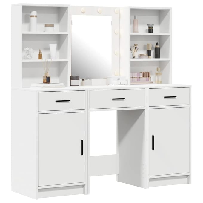 vidaXL - Dressing - tafel - set - met - LED - 3 - st - Wit - Bewerkt - hout