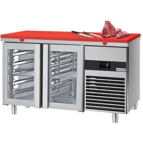 GGM Gastro Kühltisch PREMIUM - 1400x700mm - mit 2 Glastüren - inkl. Schneideplatte Rot