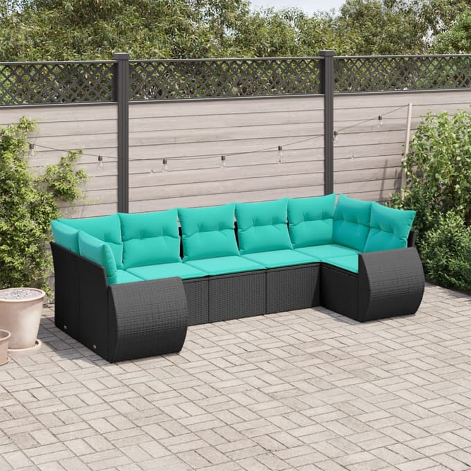 vidaXL - 7-delige - tuinbankset - met - kussens - van - zwart - polyrotan