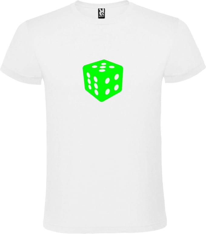 Wit T-Shirt met “ Dobbelsteen “ afbeelding Neon Groen Size M