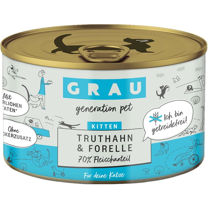 6x200g Kitten Kalkoen/Forel Bliksmulpotjes Grau Kattenvoer