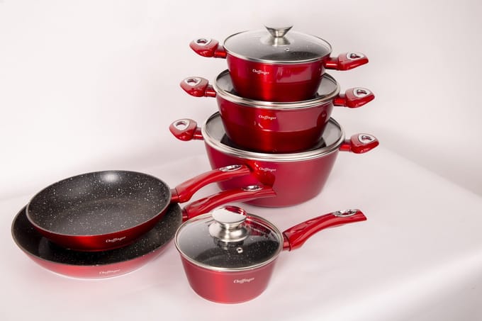 Cheffinger Pannenset - 10-delig - Rood - Inductie - Met Deksels