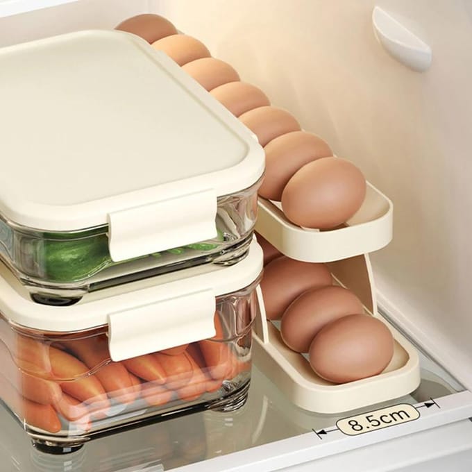 Automatische scrollende eierrekhouder Opbergdoos Eiermand Container Organizer Rolldown koelkast Eierdispenser voor keuken beige