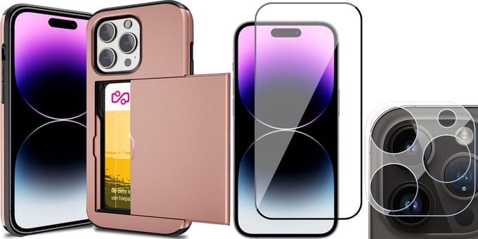 Hoesje met Pasjeshouder geschikt voor iPhone 14 Pro Max - Screenprotector FullGuard & Camera Lens Screen Protector - Back Cover SlideCase Roségoud
